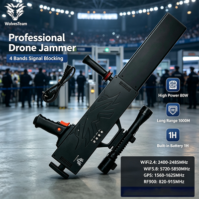Acheter 80W 4-Bandes Portable Drone Jammer avec une portée de 500-1000m Bloqueur de signal anti-drone fabrication en ligne