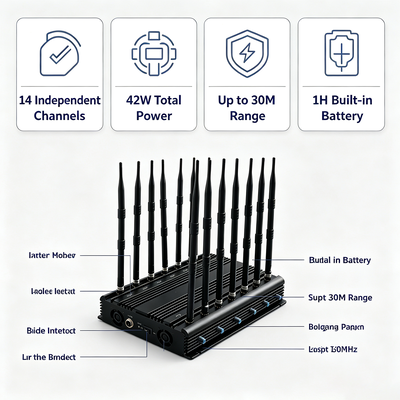 42W Brouilleur de signal de bureau avec 14 bandes et antenne omnidirectionnelle pour 2G 3G 4G 5G WiFi GPS VHF UHF Lojack