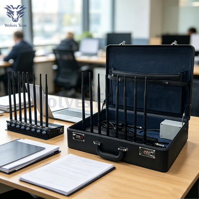 All In One 8 Bands Desktop Signal Jammer Housed In Carrying Briefcase For Indoor And Outdoor Missions