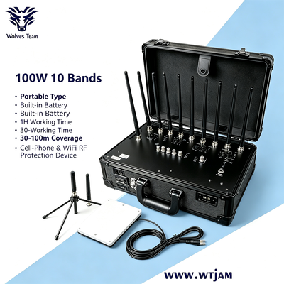100W Brouilleur de Signal Portable avec 10 Bandes de Fréquence et Rayon de Couverture de 30-100 Mètres pour Blindage Intérieur et Extérieur